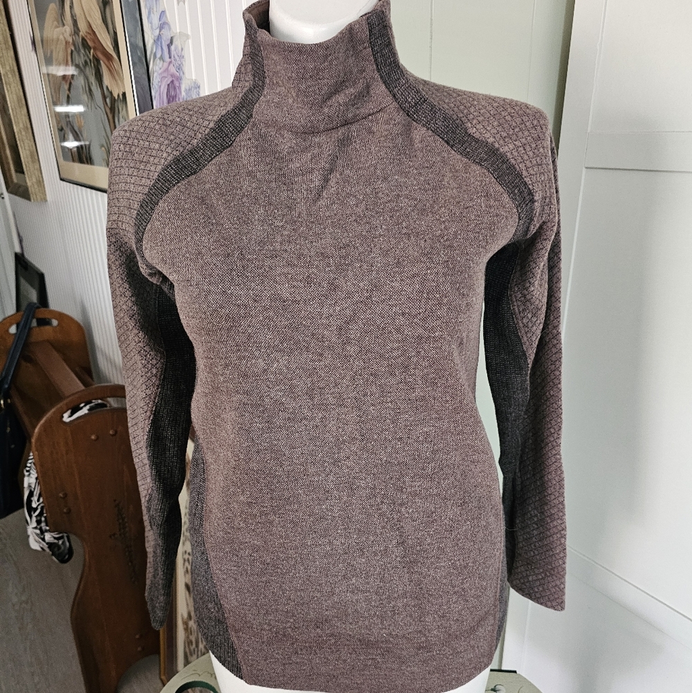 prAna Brandie Sweater Women’s Large Cocoa Heather Wool Blend Snap Mock Neck EUC